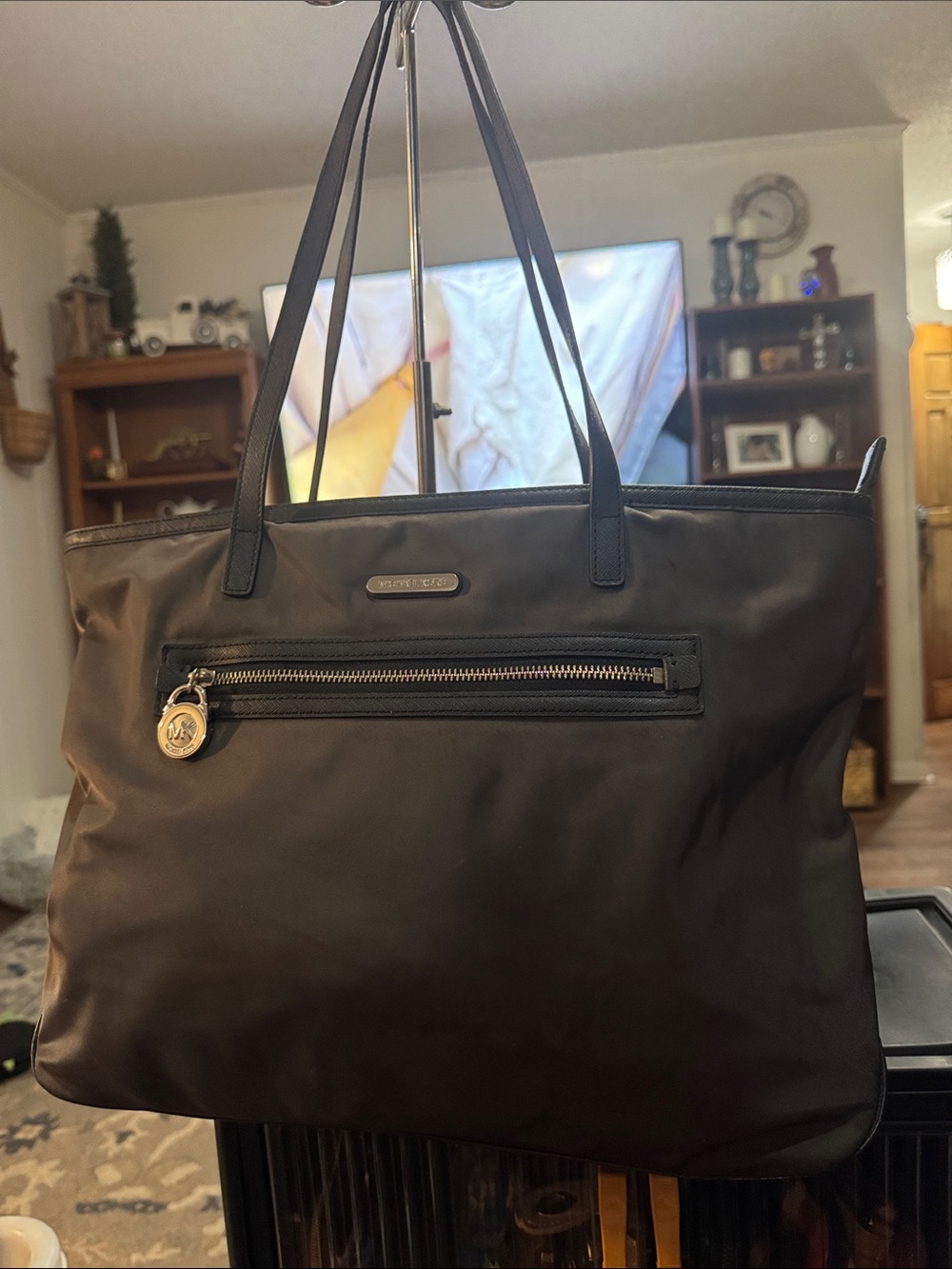 Michael Kors Grey Kempton Nylon Tote with Front Zip Pocket and MK Charm